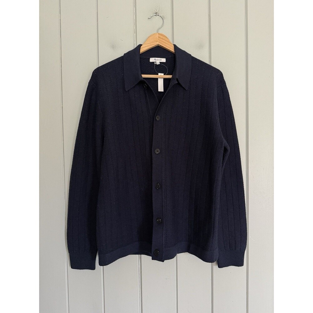 NWT Madewell Button-Up Long-Sleeve Polo Shirt in Merino Wool S Small Navy Blue